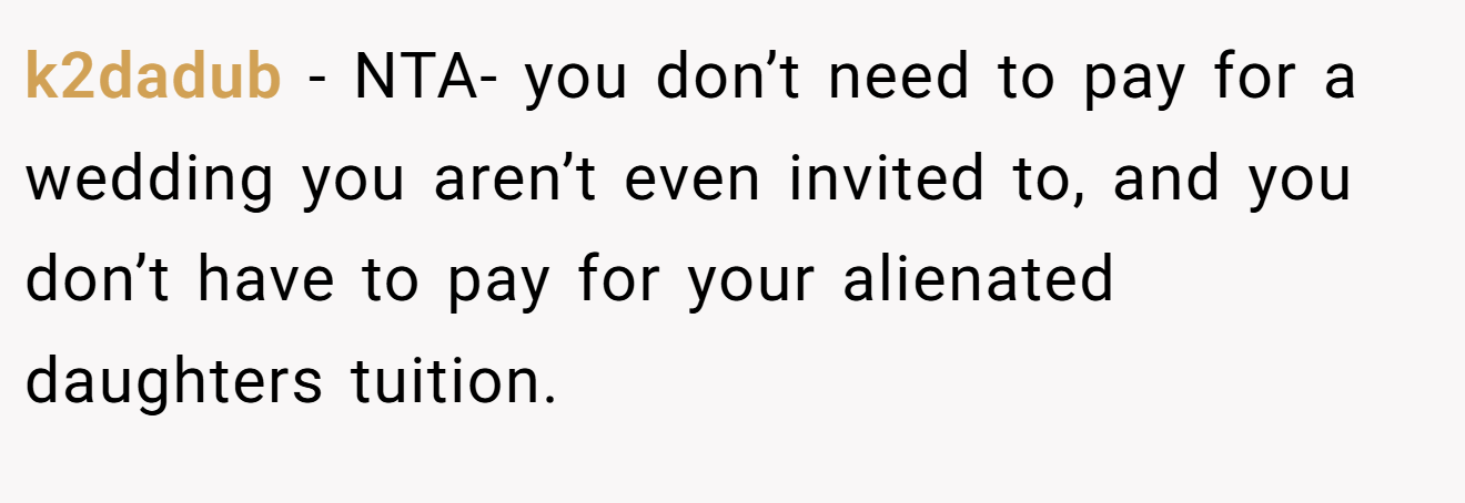 k2dadub − NTA- you don’t need to pay for a wedding you aren’t even invited to, and you don’t have to pay for your alienated daughters tuition.