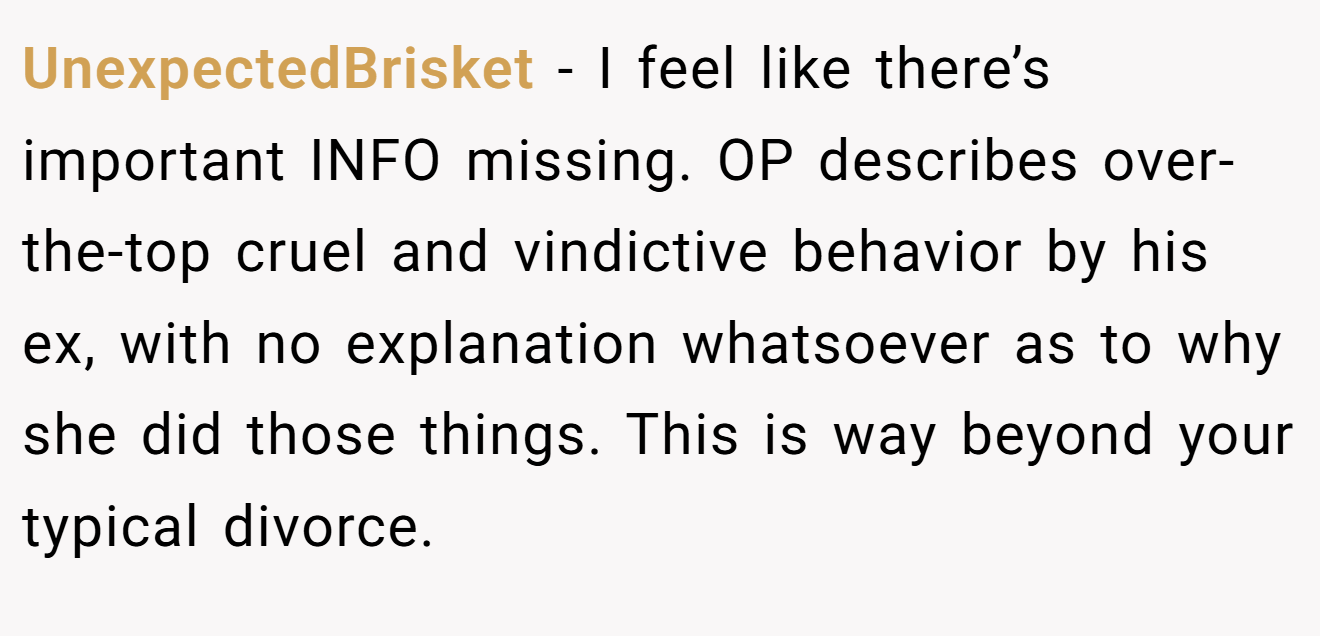 UnexpectedBrisket − I feel like there’s important INFO missing. OP describes over-the-top cruel and vindictive behavior by his ex, with no explanation whatsoever as to why she did those things. This is way beyond your typical divorce.