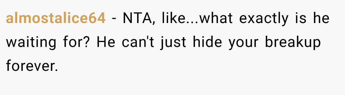 almostalice64 − NTA, like...what exactly is he waiting for? He can't just hide your breakup forever.