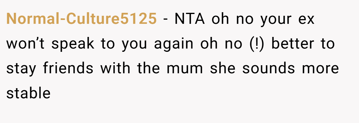 Normal-Culture5125 − NTA oh no your ex won’t speak to you again oh no (!) better to stay friends with the mum she sounds more stable