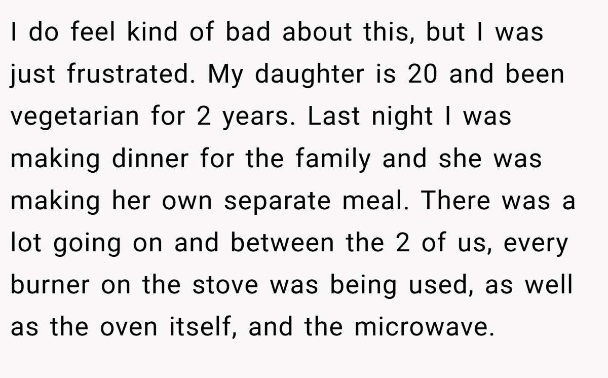 I do feel kind of bad about this, but I was just frustrated. My daughter is 20 and been vegetarian for 2 years. Last night I was making dinner for the family and she was making her own separate meal. There was a lot going on and between the 2 of us, every burner on the stove was being used, as well as the oven itself, and the microwave.