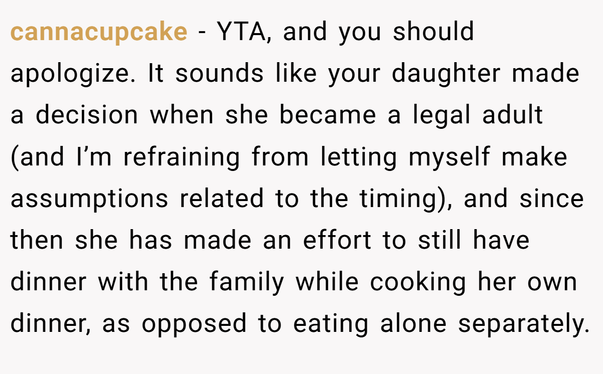 cannacupcake − YTA, and you should apologize. It sounds like your daughter made a decision when she became a legal adult (and I’m refraining from letting myself make assumptions related to the timing), and since then she has made an effort to still have dinner with the family while cooking her own dinner, as opposed to eating alone separately.