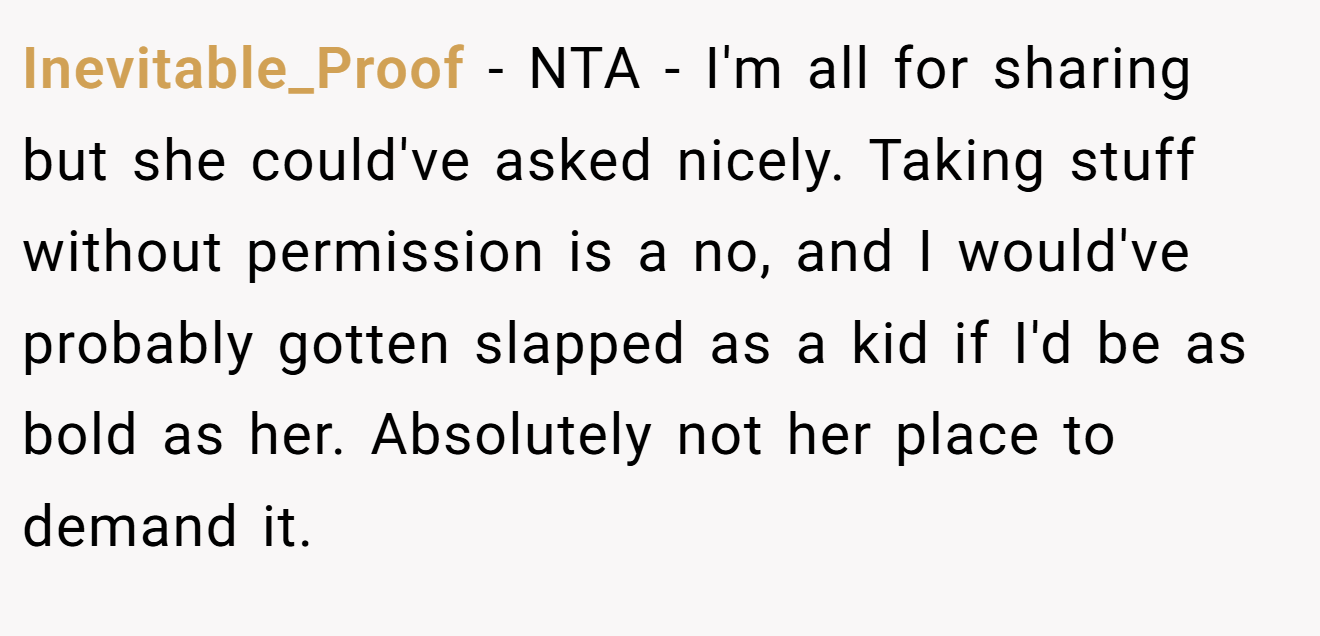 Inevitable_Proof - NTA - I'm all for sharing but she could've asked nicely. Taking stuff without permission is a no, and I would've probably gotten slapped as a kid if I'd be as bold as her. Absolutely not her place to demand it.
