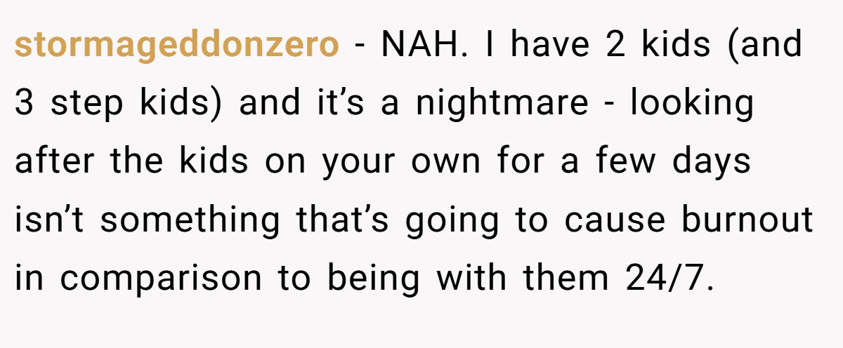 stormageddonzero − NAH. I have 2 kids (and 3 step kids) and it’s a nightmare - looking after the kids on your own for a few days isn’t something that’s going to cause burnout in comparison to being with them 24/7.