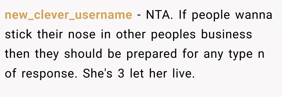 new_clever_username − NTA. If people wanna stick their nose in other peoples business then they should be prepared for any type n of response. She's 3 let her live.