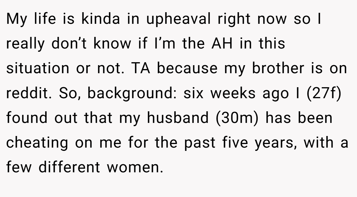 My life is kinda in upheaval right now so I really don’t know if I’m the AH in this situation or not. TA because my brother is on reddit. So, background: six weeks ago I (27f) found out that my husband (30m) has been cheating on me for the past five years, with a few different women.