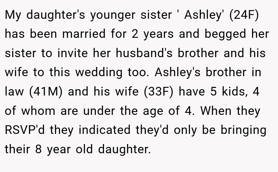 My daughter's younger sister ' Ashley' (24F) has been married for 2 years and begged her sister to invite her husband's brother and his wife to this wedding too. Ashley's brother in law (41M) and his wife (33F) have 5 kids, 4 of whom are under the age of 4. When they RSVP'd they indicated they'd only be bringing their 8 year old daughter.
