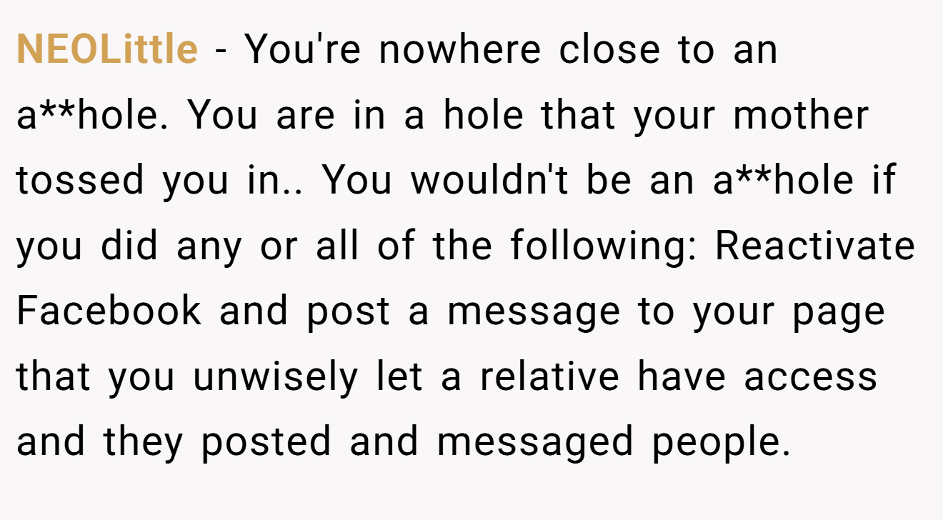 NEOLittle − You're nowhere close to an a**hole. You are in a hole that your mother tossed you in.. You wouldn't be an a**hole if you did any or all of the following: Reactivate Facebook and post a message to your page that you unwisely let a relative have access and they posted and messaged people.