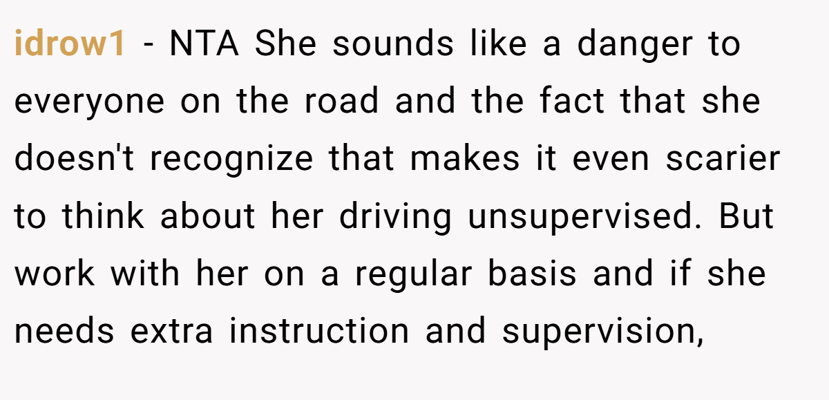 idrow1 - NTA She sounds like a danger to everyone on the road and the fact that she doesn't recognize that makes it even scarier to think about her driving unsupervised. But work with her on a regular basis and if she needs extra instruction and supervision,