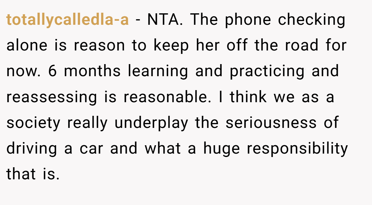 totallycalledla-a - NTA. The phone checking alone is reason to keep her off the road for now. 6 months learning and practicing and reassessing is reasonable. I think we as a society really underplay the seriousness of driving a car and what a huge responsibility that is.