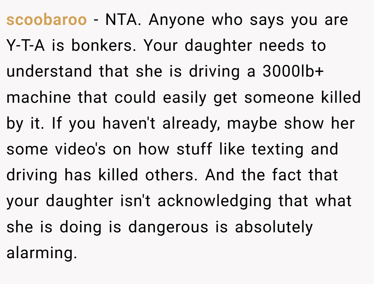 scoobaroo - NTA. Anyone who says you are Y-T-A is bonkers. Your daughter needs to understand that she is driving a 3000lb+ machine that could easily get someone killed by it. If you haven't already, maybe show her some video's on how stuff like texting and driving has killed others. And the fact that your daughter isn't acknowledging that what she is doing is dangerous is absolutely alarming.