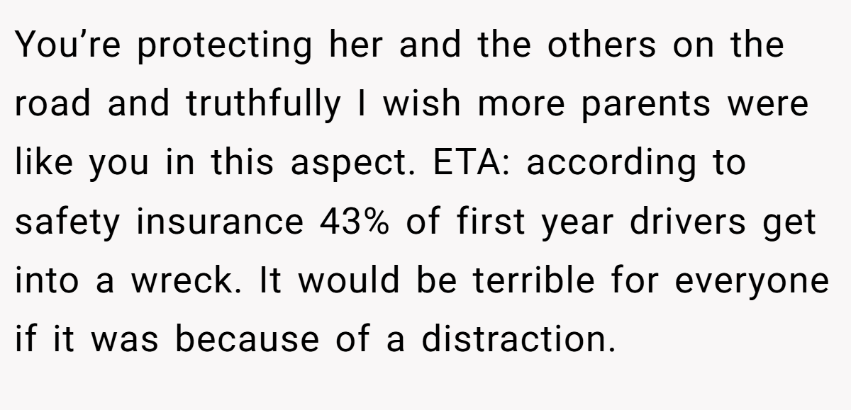 You’re protecting her and the others on the road and truthfully I wish more parents were like you in this aspect. ETA: according to safety insurance 43% of first year drivers get into a wreck. It would be terrible for everyone if it was because of a distraction.