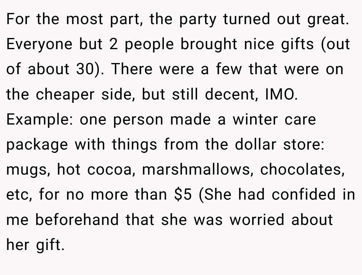 For the most part, the party turned out great. Everyone but 2 people brought nice gifts (out of about 30). There were a few that were on the cheaper side, but still decent, IMO. Example: one person made a winter care package with things from the dollar store: mugs, hot cocoa, marshmallows, chocolates, etc, for no more than $5 (She had confided in me beforehand that she was worried about her gift.