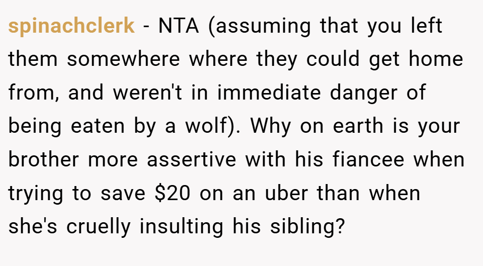 spinachclerk − NTA (assuming that you left them somewhere where they could get home from, and weren't in immediate danger of being eaten by a wolf). Why on earth is your brother more assertive with his fiancee when trying to save $20 on an uber than when she's cruelly insulting his sibling?
