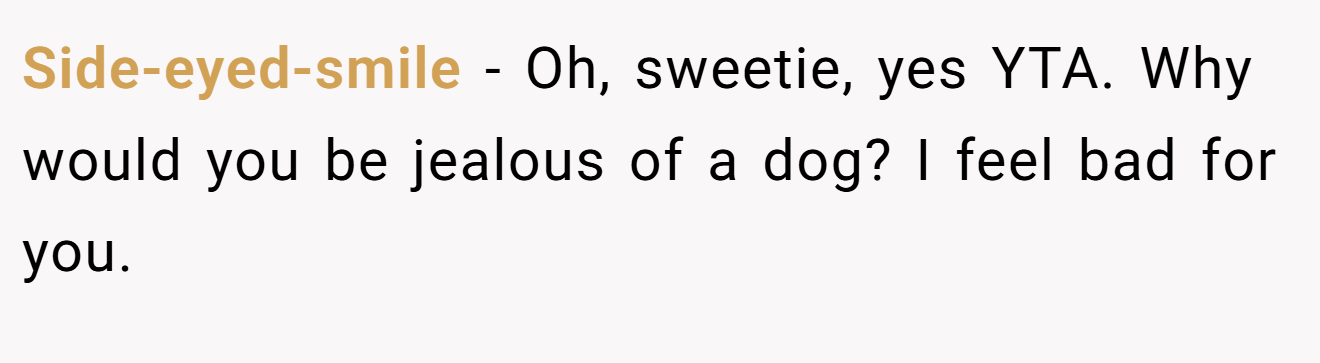 Side-eyed-smile − Oh, sweetie, yes YTA. Why would you be jealous of a dog? I feel bad for you.