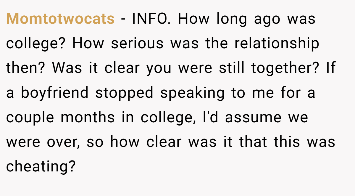 Momtotwocats - INFO. How long ago was college? How serious was the relationship then? Was it clear you were still together? If a boyfriend stopped speaking to me for a couple months in college, I'd assume we were over, so how clear was it that this was cheating?
