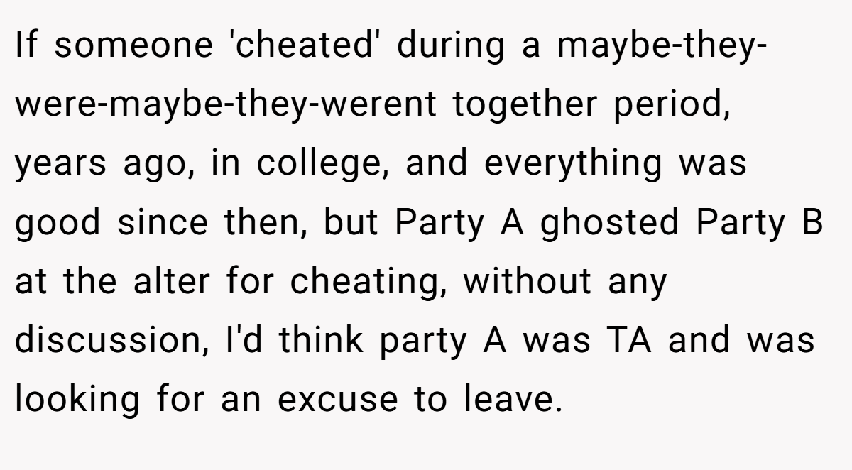If someone 'cheated' during a maybe-they-were-maybe-they-werent together period, years ago, in college, and everything was good since then, but Party A ghosted Party B at the alter for cheating, without any discussion, I'd think party A was TA and was looking for an excuse to leave.