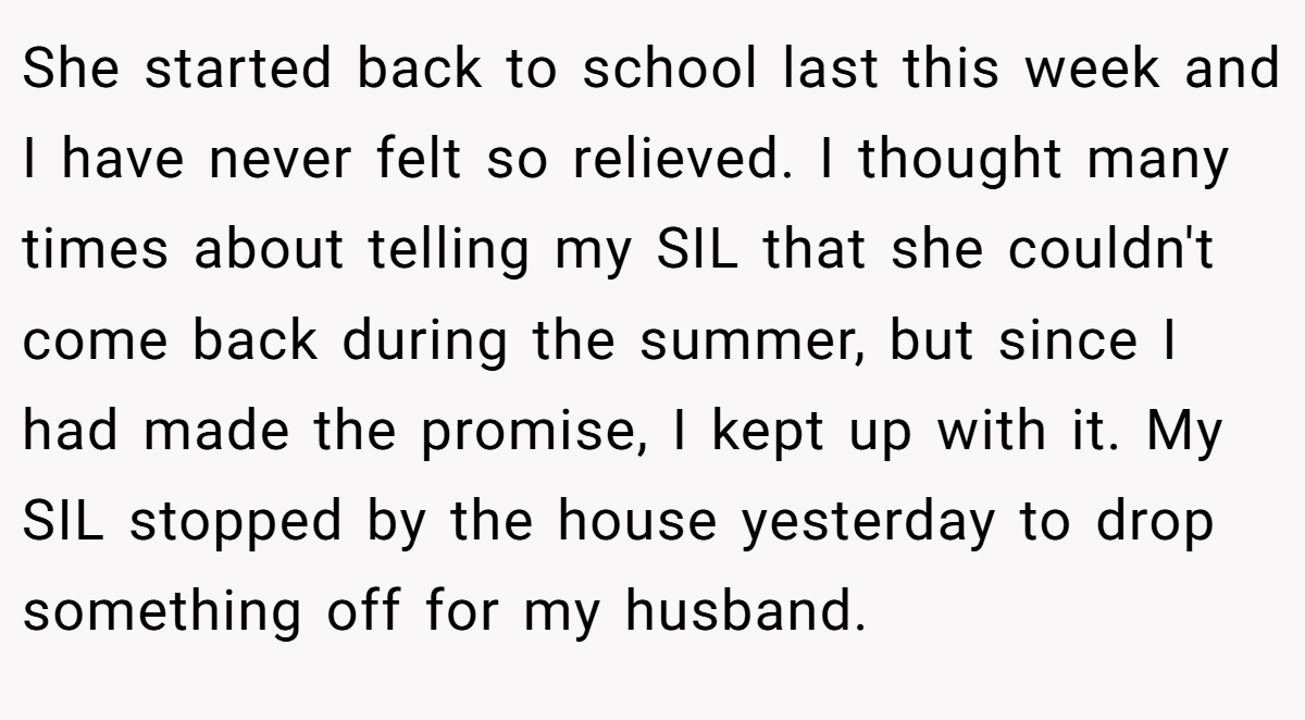 She started back to school last this week and I have never felt so relieved. I thought many times about telling my SIL that she couldn't come back during the summer, but since I had made the promise, I kept up with it. My SIL stopped by the house yesterday to drop something off for my husband.