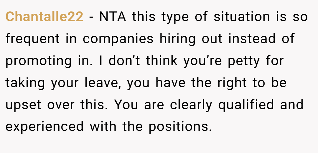 Chantalle22 − NTA this type of situation is so frequent in companies hiring out instead of promoting in. I don’t think you’re petty for taking your leave, you have the right to be upset over this. You are clearly qualified and experienced with the positions.