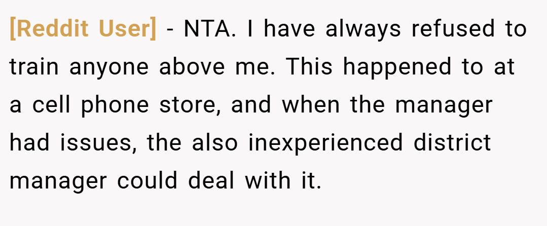 [Reddit User] − NTA. I have always refused to train anyone above me. This happened to at a cell phone store, and when the manager had issues, the also inexperienced district manager could deal with it.