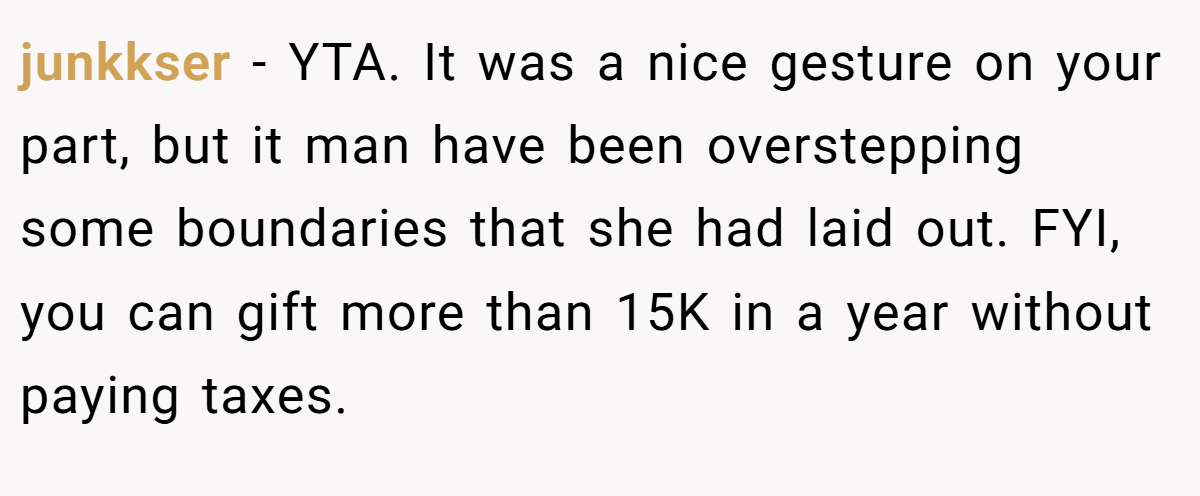 junkkser − YTA. It was a nice gesture on your part, but it man have been overstepping some boundaries that she had laid out. FYI, you can gift more than 15K in a year without paying taxes.