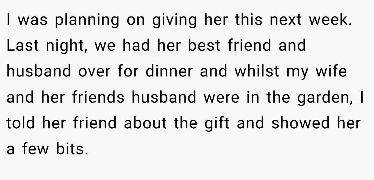 I was planning on giving her this next week. Last night, we had her best friend and husband over for dinner and whilst my wife and her friends husband were in the garden, I told her friend about the gift and showed her a few bits.