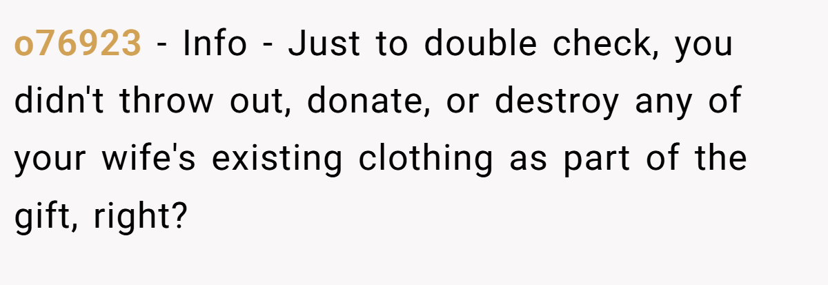 o76923 − Info - Just to double check, you didn't throw out, donate, or destroy any of your wife's existing clothing as part of the gift, right?