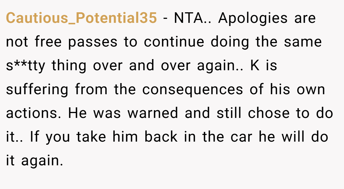 Cautious_Potential35 − NTA.. Apologies are not free passes to continue doing the same s**tty thing over and over again.. K is suffering from the consequences of his own actions. He was warned and still chose to do it.. If you take him back in the car he will do it again.