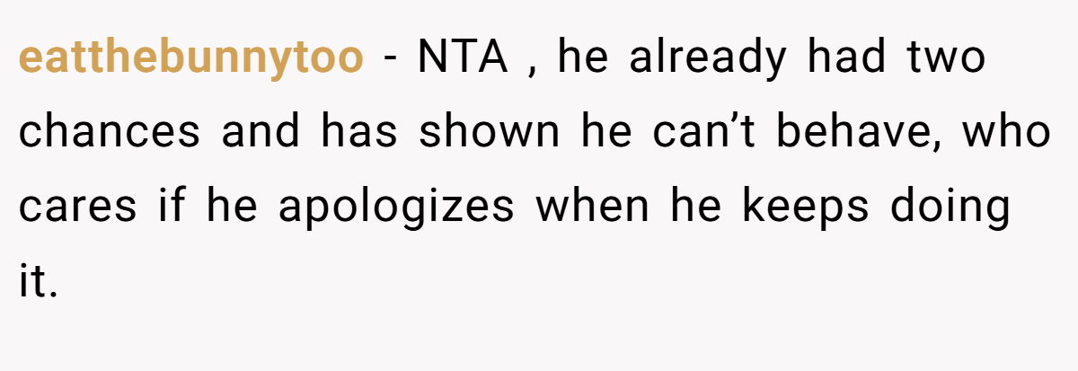 eatthebunnytoo − NTA , he already had two chances and has shown he can’t behave, who cares if he apologizes when he keeps doing it.