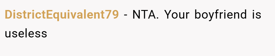 DistrictEquivalent79 − NTA. Your boyfriend is useless