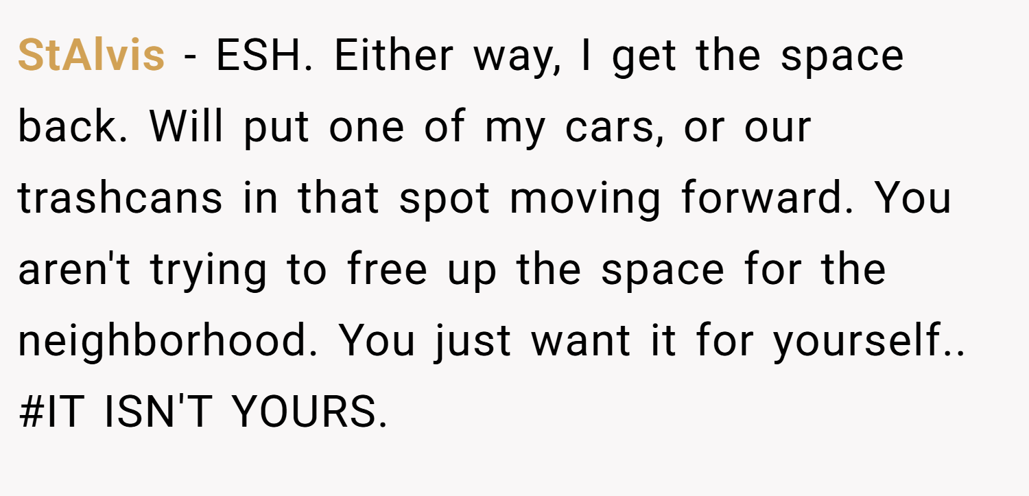 StAlvis − ESH. Either way, I get the space back. Will put one of my cars, or our trashcans in that spot moving forward. You aren't trying to free up the space for the neighborhood. You just want it for yourself.. #IT ISN'T YOURS.