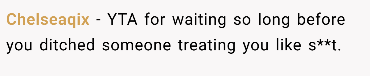 Chelseaqix − YTA for waiting so long before you ditched someone treating you like s**t.