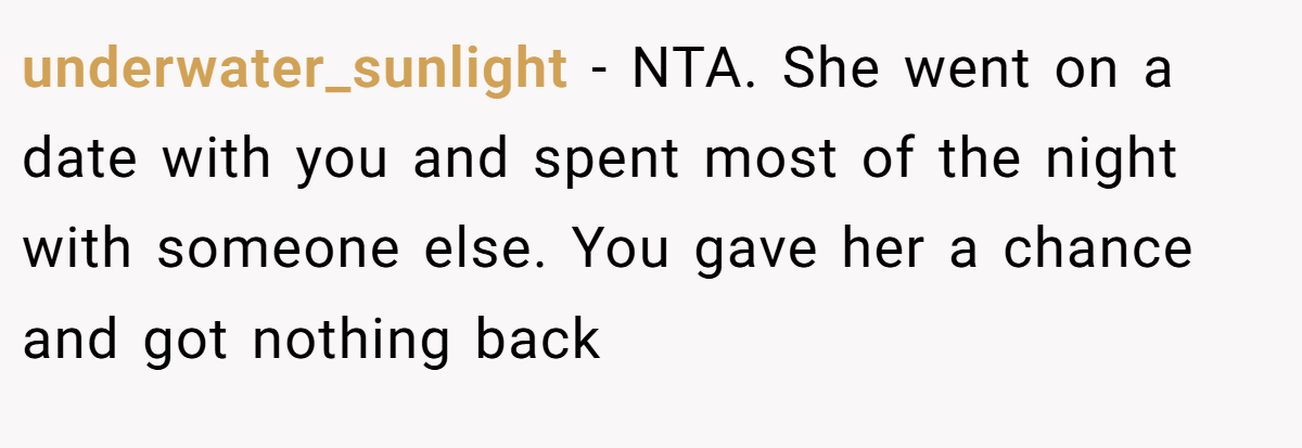 underwater_sunlight − NTA. She went on a date with you and spent most of the night with someone else. You gave her a chance and got nothing back