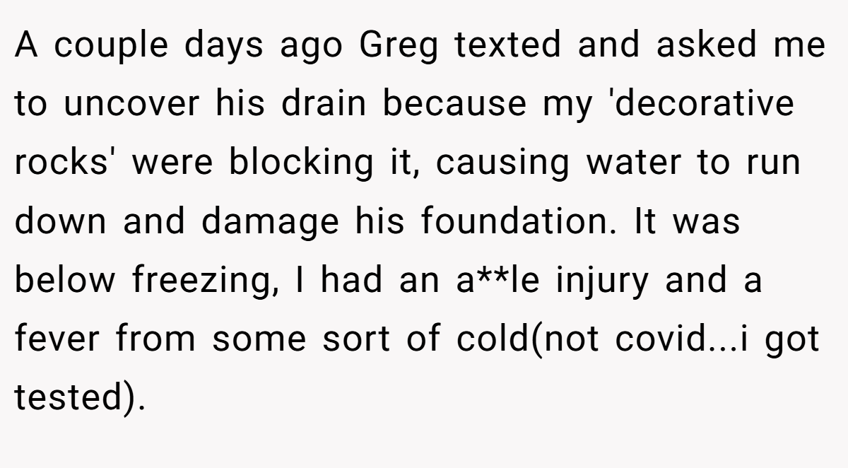 A couple days ago Greg texted and asked me to uncover his drain because my 'decorative rocks' were blocking it, causing water to run down and damage his foundation. It was below freezing, I had an a**le injury and a fever from some sort of cold(not covid...i got tested).