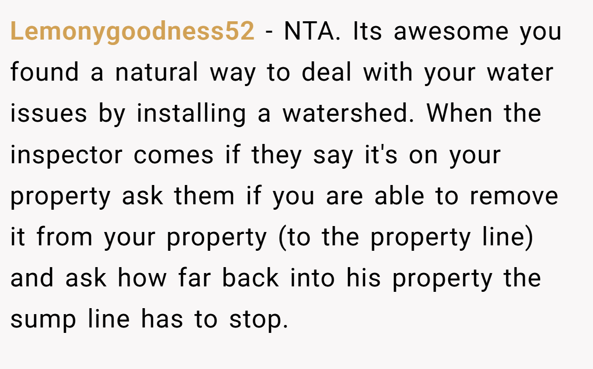 Lemonygoodness52 - NTA. Its awesome you found a natural way to deal with your water issues by installing a watershed. When the inspector comes if they say it's on your property ask them if you are able to remove it from your property (to the property line) and ask how far back into his property the sump line has to stop.