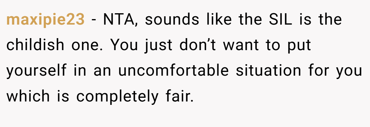 maxipie23 − NTA, sounds like the SIL is the childish one. You just don’t want to put yourself in an uncomfortable situation for you which is completely fair.