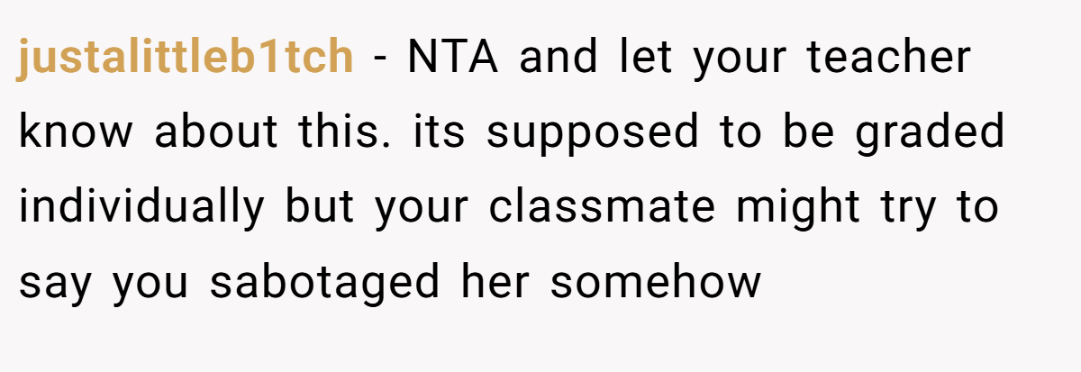 justalittleb1tch − NTA and let your teacher know about this. its supposed to be graded individually but your classmate might try to say you sabotaged her somehow