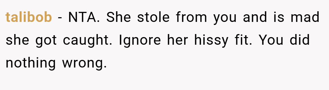 talibob − NTA. She stole from you and is mad she got caught. Ignore her hissy fit. You did nothing wrong.