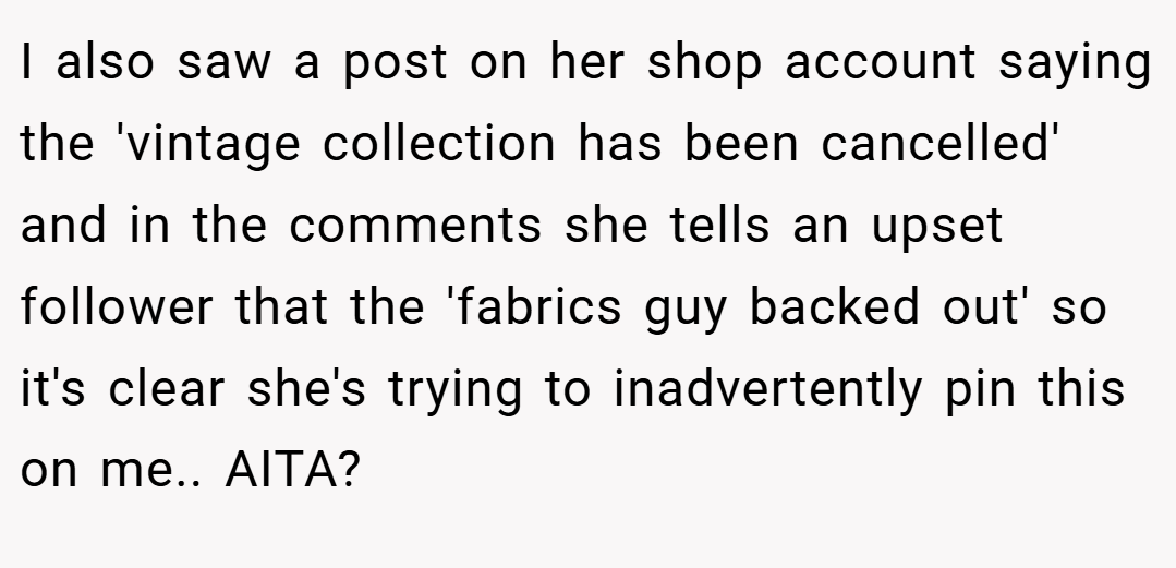 I also saw a post on her shop account saying the 'vintage collection has been cancelled' and in the comments she tells an upset follower that the 'fabrics guy backed out' so it's clear she's trying to inadvertently pin this on me.. AITA?