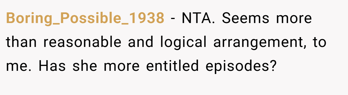 Boring_Possible_1938 − NTA. Seems more than reasonable and logical arrangement, to me. Has she more entitled episodes?