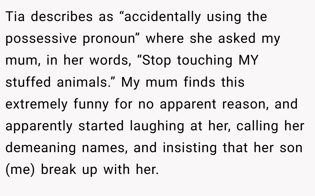 Tia describes as “accidentally using the possessive pronoun” where she asked my mum, in her words, “Stop touching MY stuffed animals.” My mum finds this extremely funny for no apparent reason, and apparently started laughing at her, calling her demeaning names, and insisting that her son (me) break up with her.
