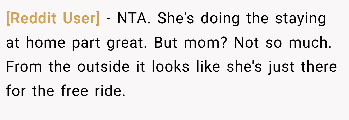 [Reddit User] - NTA. She's doing the staying at home part great. But mom? Not so much. From the outside it looks like she's just there for the free ride.