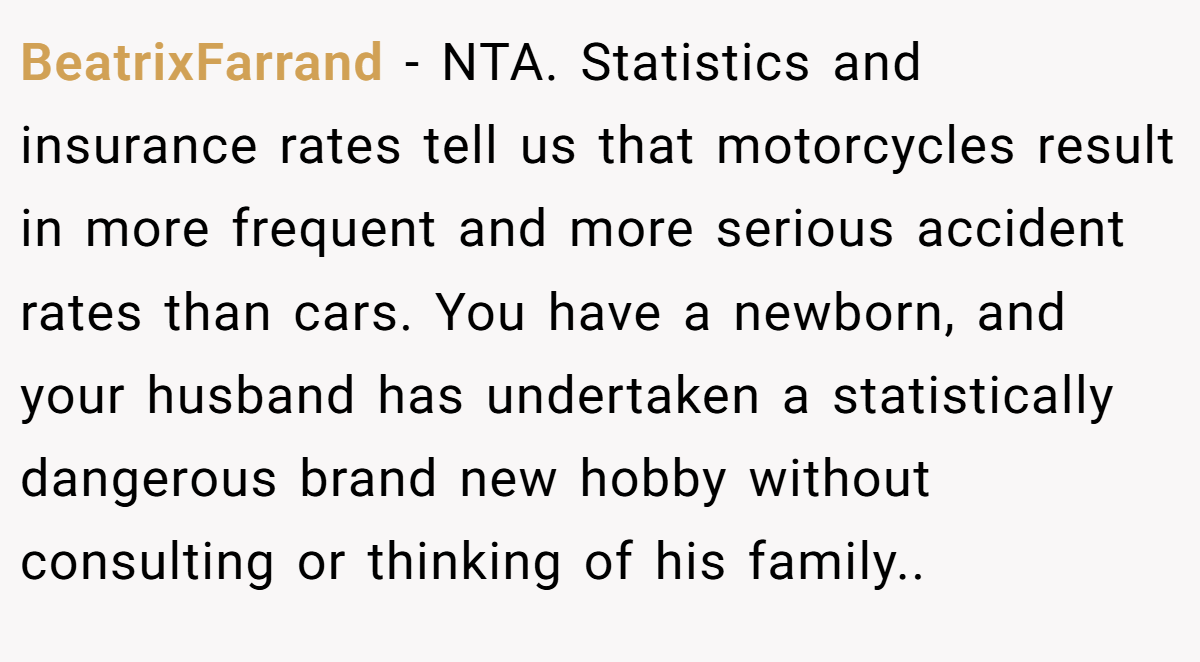 BeatrixFarrand − NTA. Statistics and insurance rates tell us that motorcycles result in more frequent and more serious accident rates than cars. You have a newborn, and your husband has undertaken a statistically dangerous brand new hobby without consulting or thinking of his family..