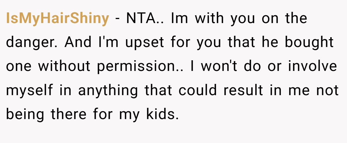 IsMyHairShiny − NTA.. Im with you on the danger. And I'm upset for you that he bought one without permission.. I won't do or involve myself in anything that could result in me not being there for my kids.