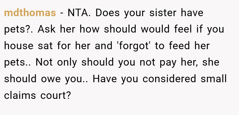 mdthomas − NTA. Does your sister have pets?. Ask her how should would feel if you house sat for her and 'forgot' to feed her pets.. Not only should you not pay her, she should owe you.. Have you considered small claims court?
