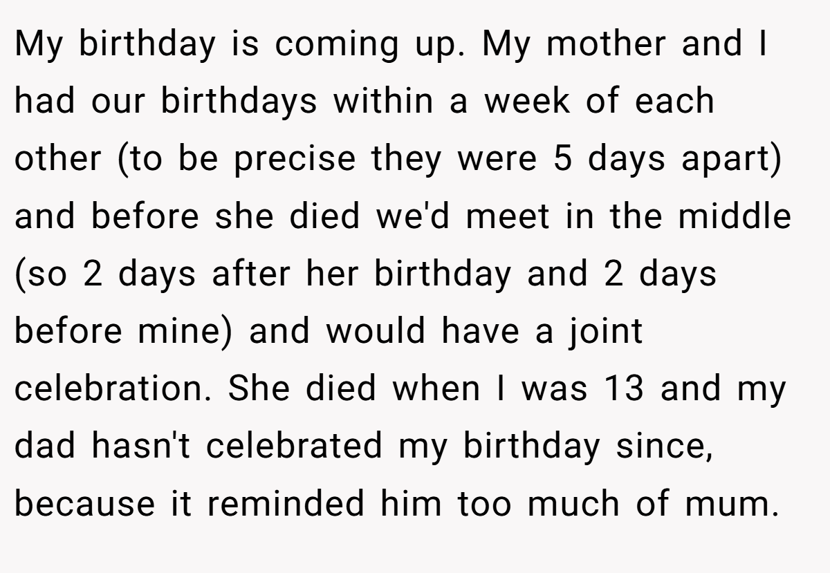 My birthday is coming up. My mother and I had our birthdays within a week of each other (to be precise they were 5 days apart) and before she died we'd meet in the middle (so 2 days after her birthday and 2 days before mine) and would have a joint celebration. She died when I was 13 and my dad hasn't celebrated my birthday since, because it reminded him too much of mum.