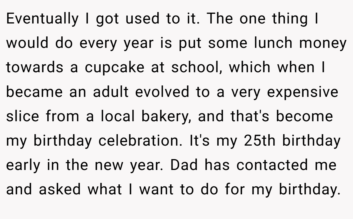 Eventually I got used to it. The one thing I would do every year is put some lunch money towards a cupcake at school, which when I became an adult evolved to a very expensive slice from a local bakery, and that's become my birthday celebration. It's my 25th birthday early in the new year. Dad has contacted me and asked what I want to do for my birthday.