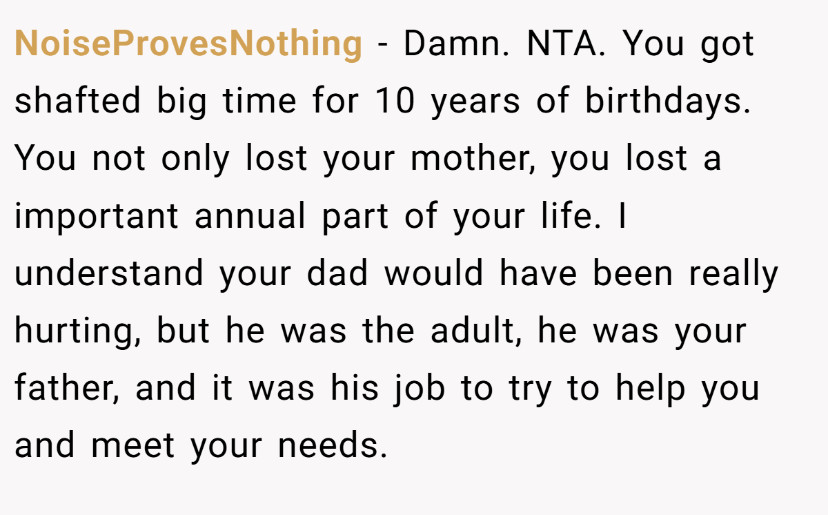 NoiseProvesNothing − Damn. NTA. You got shafted big time for 10 years of birthdays. You not only lost your mother, you lost a important annual part of your life. I understand your dad would have been really hurting, but he was the adult, he was your father, and it was his job to try to help you and meet your needs.