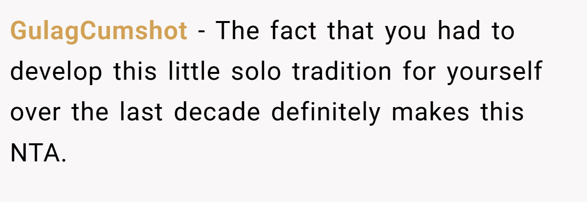 GulagCumshot − The fact that you had to develop this little solo tradition for yourself over the last decade definitely makes this NTA.