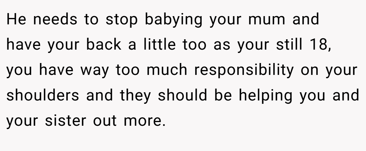 He needs to stop babying your mum and have your back a little too as your still 18, you have way too much responsibility on your shoulders and they should be helping you and your sister out more.
